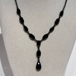Vintage Crown Trifari Black Faceted Rhinestones Gunmetal Chain Y Drop Necklace
